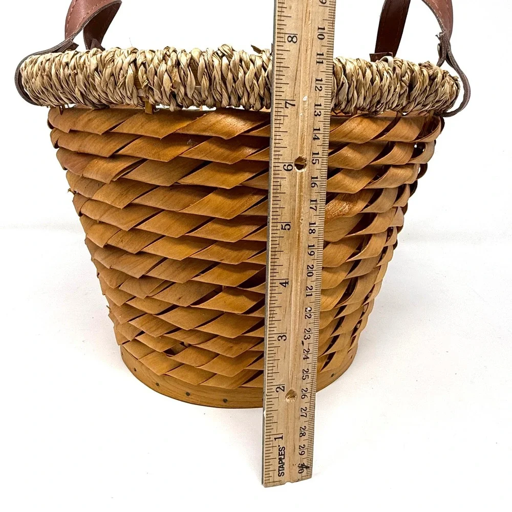 Rustic Woven Wood Basket with Seagrass Rim and Leather Handles Brown 11x8